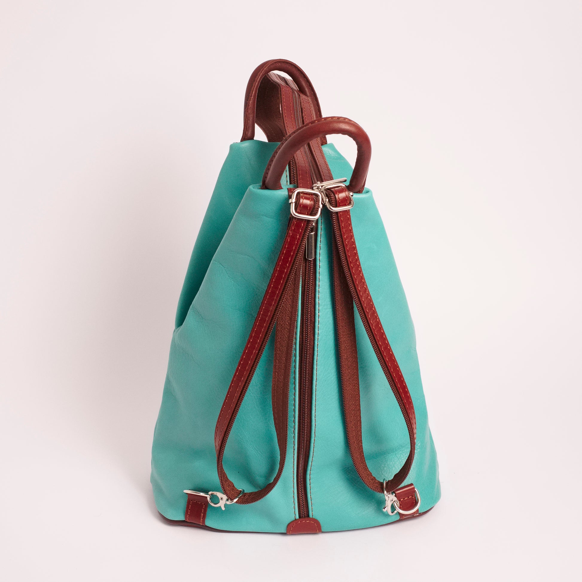 Vernazzo Teal Brown Italian Leather Shoulder Backpack Solo Perché Bags.